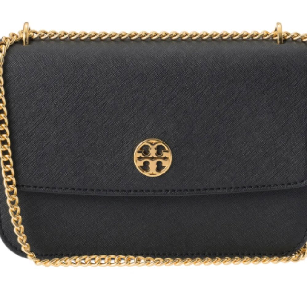 NWT Tory Burch Saffiano Leather Shoulder Bag Crossbody Black Gold 159585